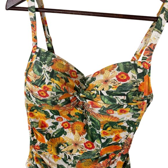 Niptuck Swim Green Orange Floral Sunflower Green One Piece Swimsuit Women's 8 - Picture 3 of 8